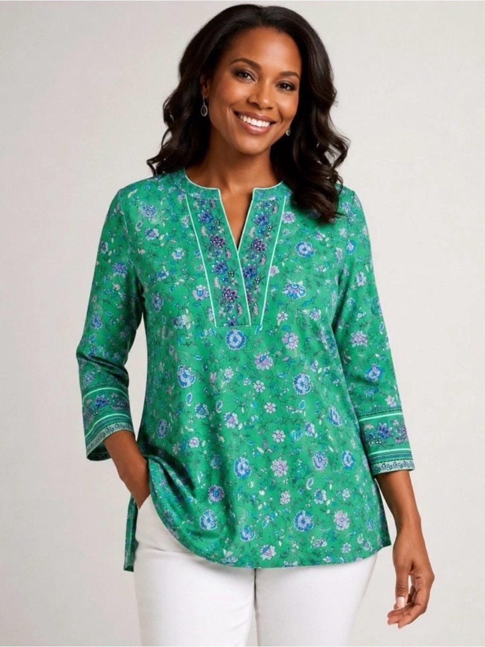 J. JILL Wearever Collection Green Paisley Floral Tunic Size XL Petite